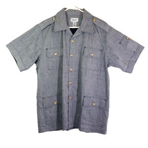 SURF LINE Gray, Blue Solid Button Front, Military, Casual, Hawaii Shirt EUC